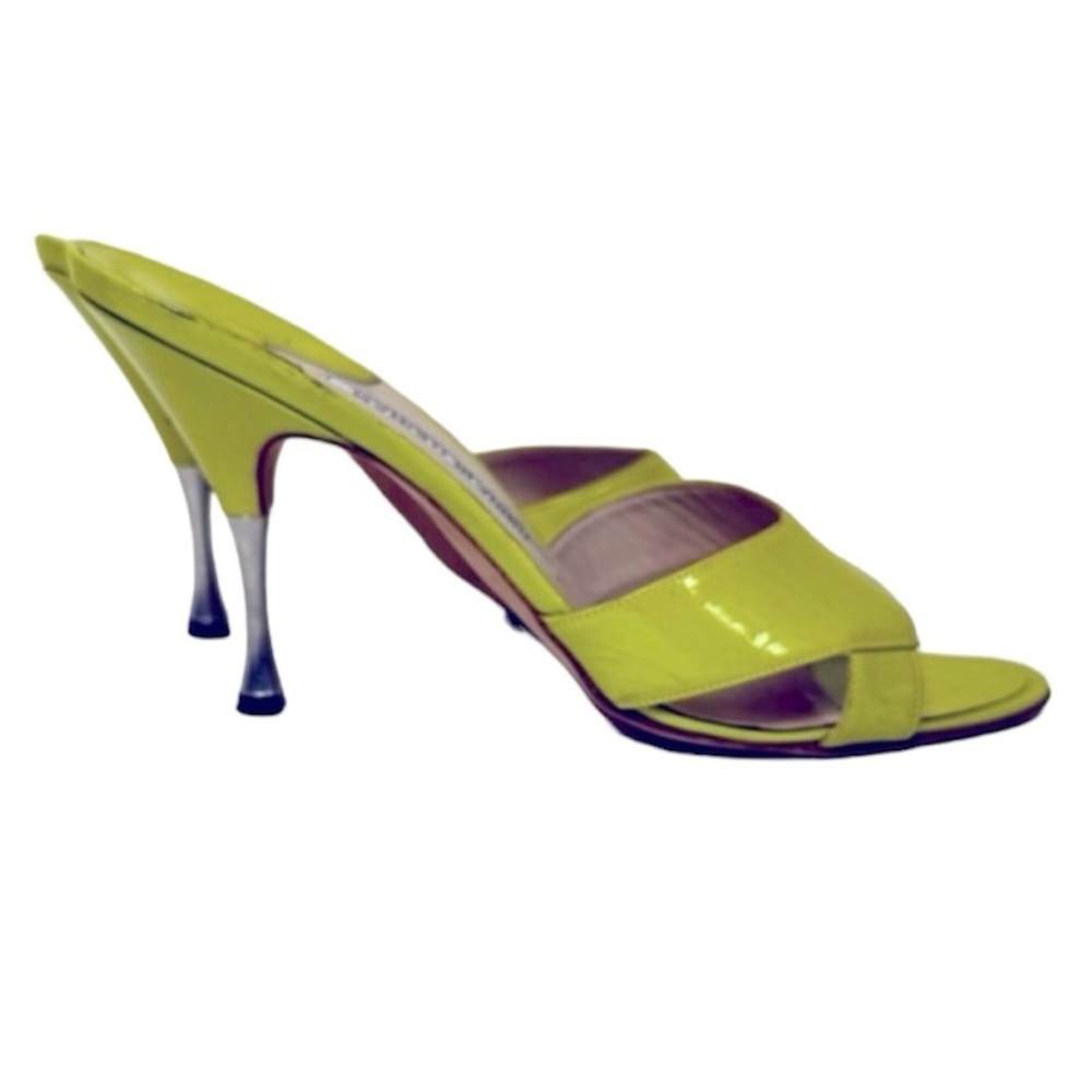 Manolo Blahnik Patent Leather Mules Open Toe Metal Heels Shoes Sandals Green 39